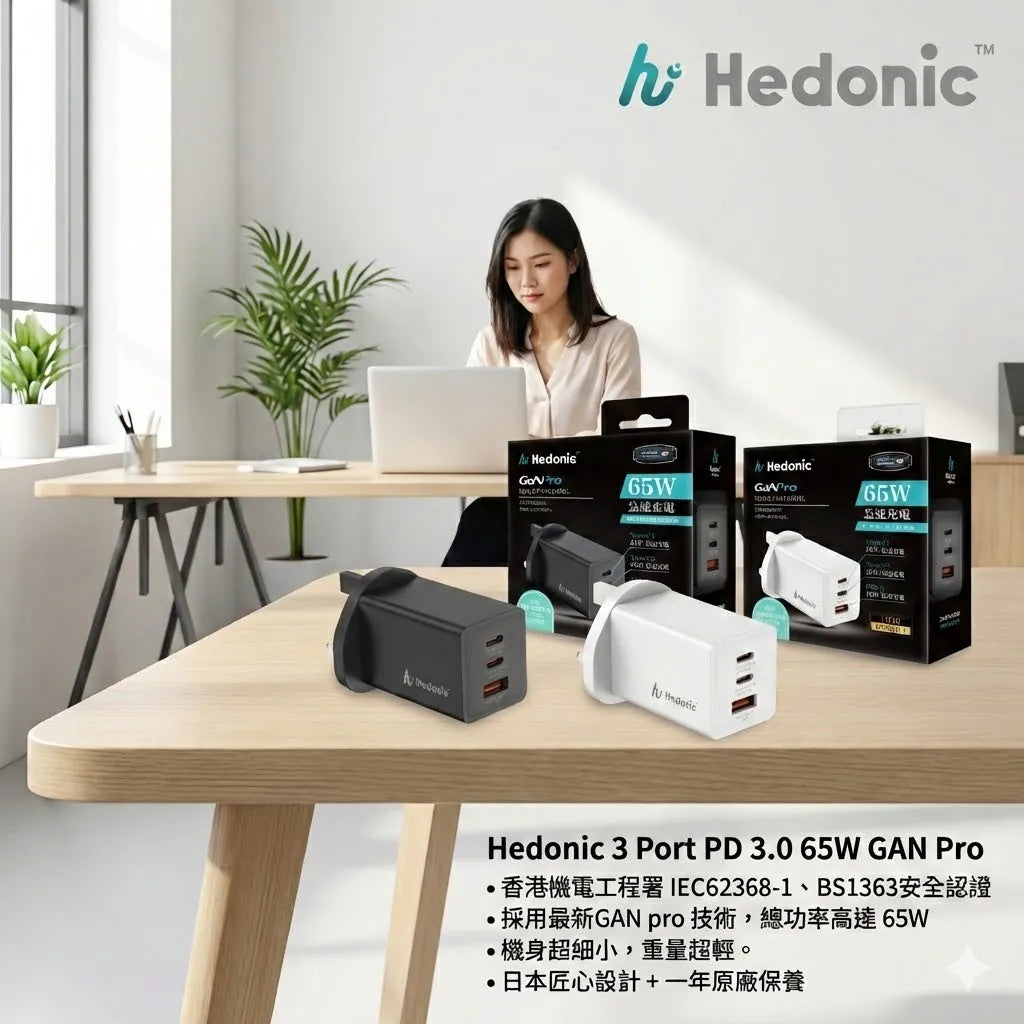 現貨｜Hedonic - 3 Port PD 3.0 65W GAN Pro 快充英規火牛 充電器插頭【香港行貨｜約1個工作日內寄出】